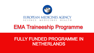 Nella parte superiore, a sfondo bianco, logo dell'EMA e la scritta in rosso "EMA traineeship programme". Nella parte inferiore su sfondo rosso la scritta in bianco "Fully funded programme in Netherlands"