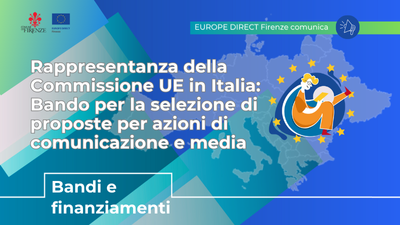 Sfondo verde e blu, con testo: Rappresentanza della Commissione UE in Italia: bando per la selezione di proposte per azioni di comunicazione e media