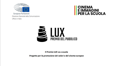 Sfondo bianco, logo del parlamento europeo, logo cinema e immagini per la scuola, lux premio del pubblico, il premio lux va a scuola, progetto per la promozione dei valori e del cinema europeo