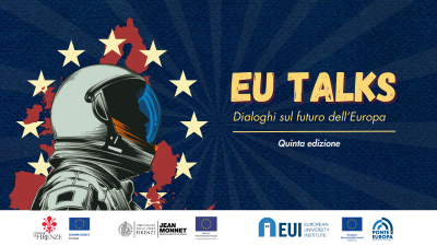 Sfondo blu, con astronauta e cartina europea rossa, testo: EU Talks - Dialoghi sul futuro dell'Europa - Quinta edizione
