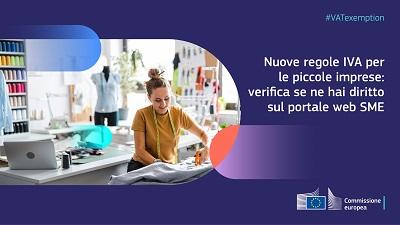 Sfondo viola, ragazza che lavora in sartoria, testo: "nuove regole iva per le piccole imprese: scopri verifica se ne hai diritto sul portale web SME