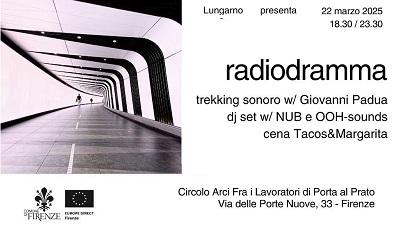 sfondo bianco, testo: "Radiodramma" la presentazione del numero 137 della rivista Lungarno, prevista a partire dalle ore 18.30, presso il Circolo Arci "Fra i lavoratori" di Porta al Prato di Firenze (via delle Porte Nuove, 33).
