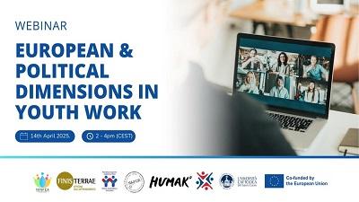sfondo bianco, a destra un pc con una riunione online, testo:  "European & Political dimensions in youth work" - 14 aprile 2025 dalle 14.00 alle 16.00