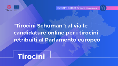 sfondo viola, logo europe direct del comune di firenze, testo:  "Tirocini Schuman": al via le candidature online per i tirocini retribuiti al Parlamento europeo