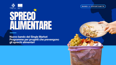 Grafica sul tema spreco alimentare su sfondo blu e immagine di cestino di rifiuti alimentari