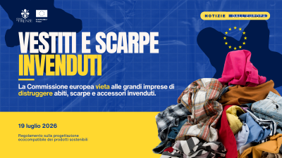 grafica su sfondo blu e giallo con immagine di mucchio di vestiti