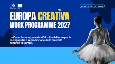 grafica su sfondo blu con immagine di danzatrice classica di schiena