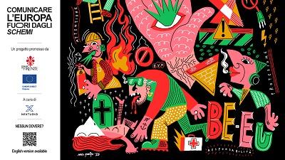 Art work su sfondo nero e rappresentazione grafica di diverse persone a lavoro